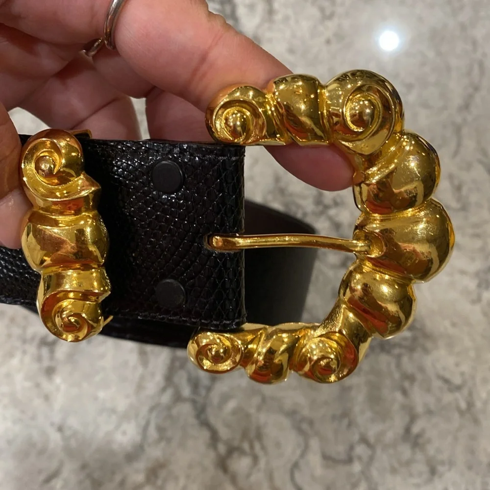 Kleinberg Sherrill Genuine Exotic Leather Belt w/ Gold Bubbly Buckle Detail 1988